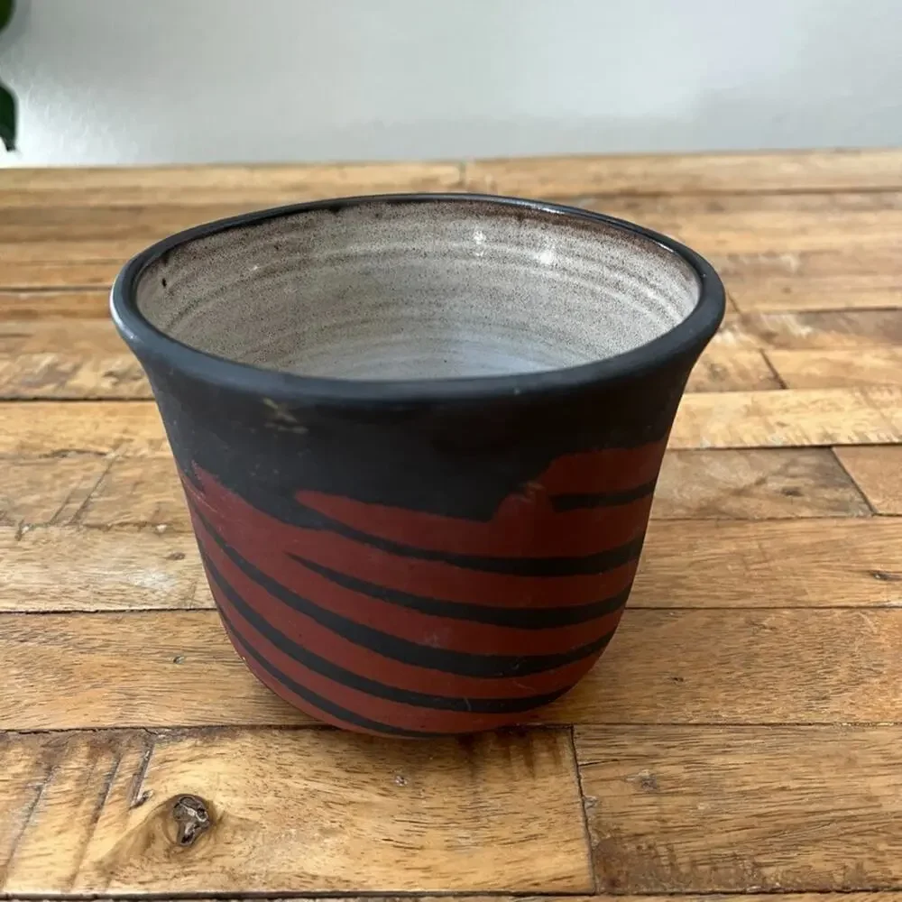 Handmade Stoneware Planter Vase 4.5 in Red Blue Striped Matte